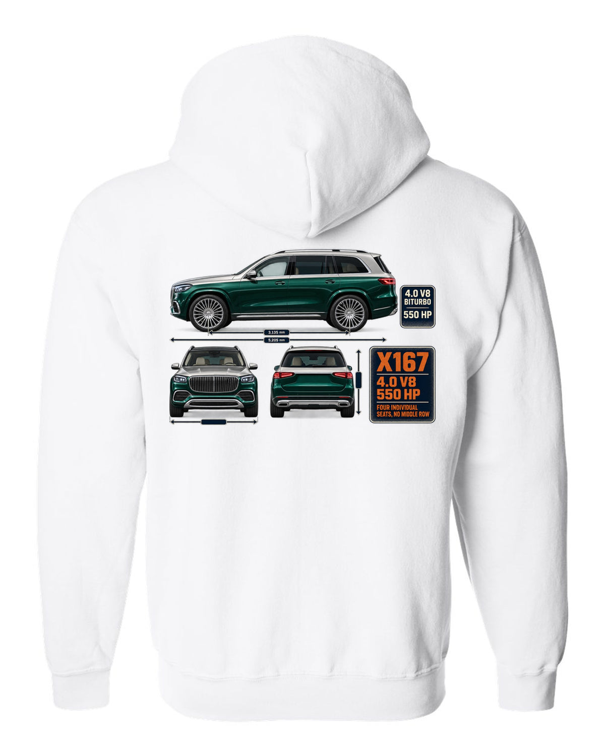 Mercedes-Maybach GLS 600 X167 three-view spec print in obsidian green and silver white zip hoodie back view with the design