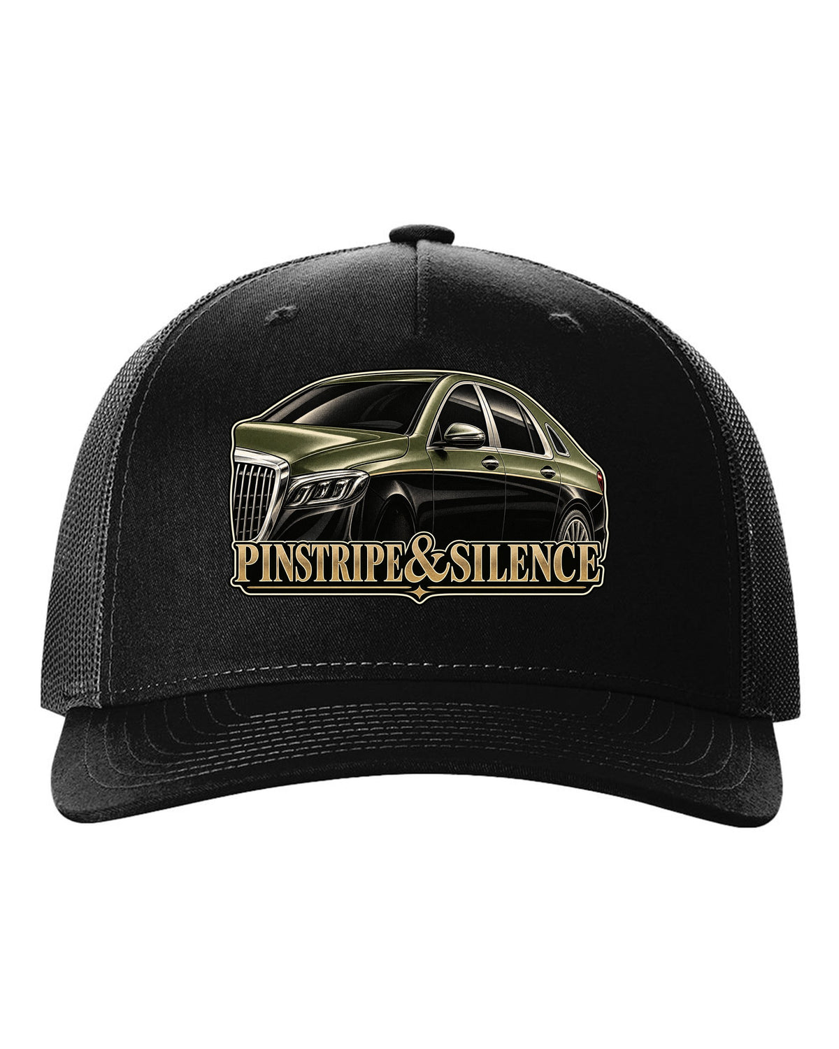 Duotone screenprint of a two-tone Mercedes-Maybach S-Class W222 with Pinstripe and Silence text black hat front view with the design