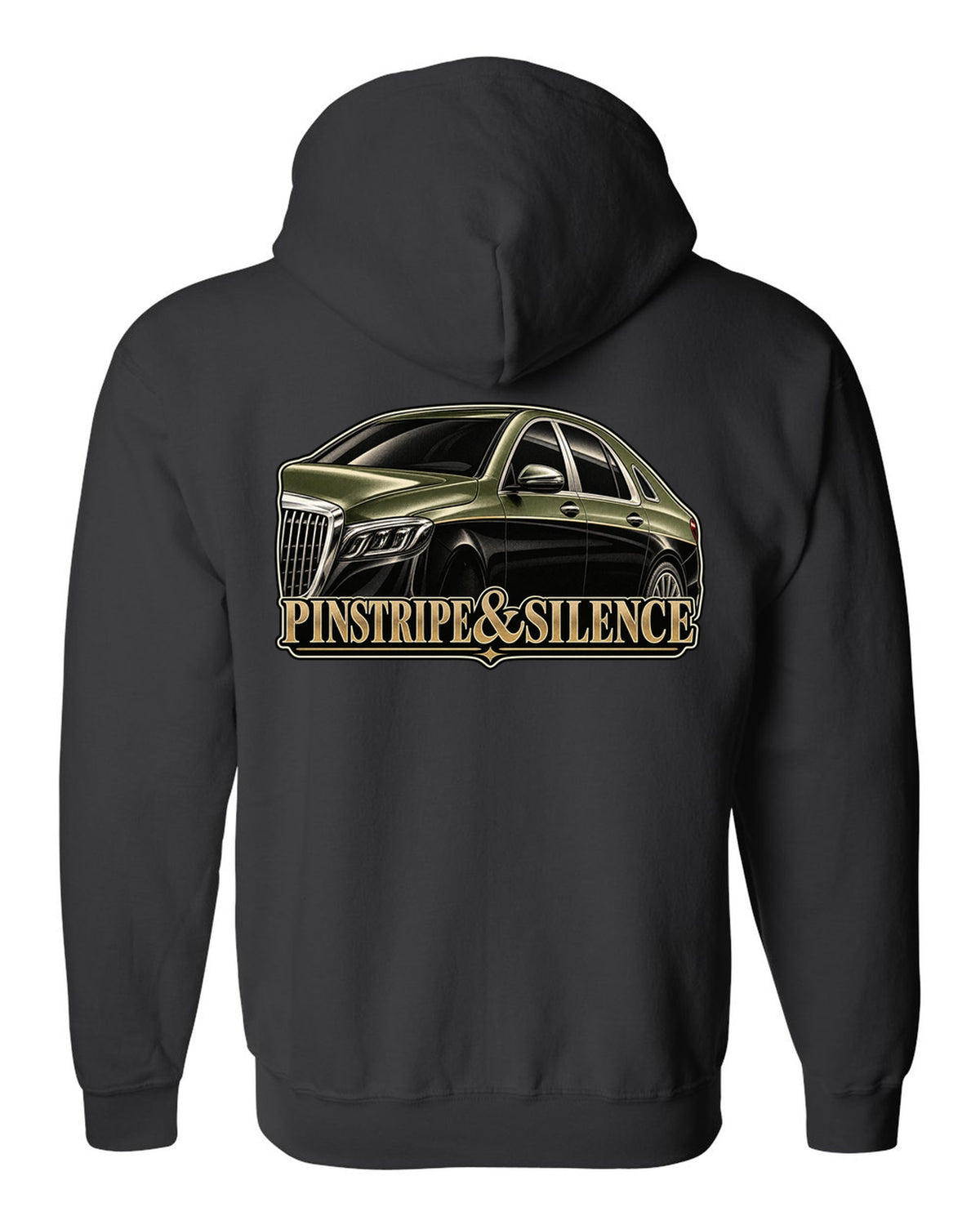 Duotone screenprint of a two-tone Mercedes-Maybach S-Class W222 with Pinstripe and Silence text black zip hoodie back view with the design
