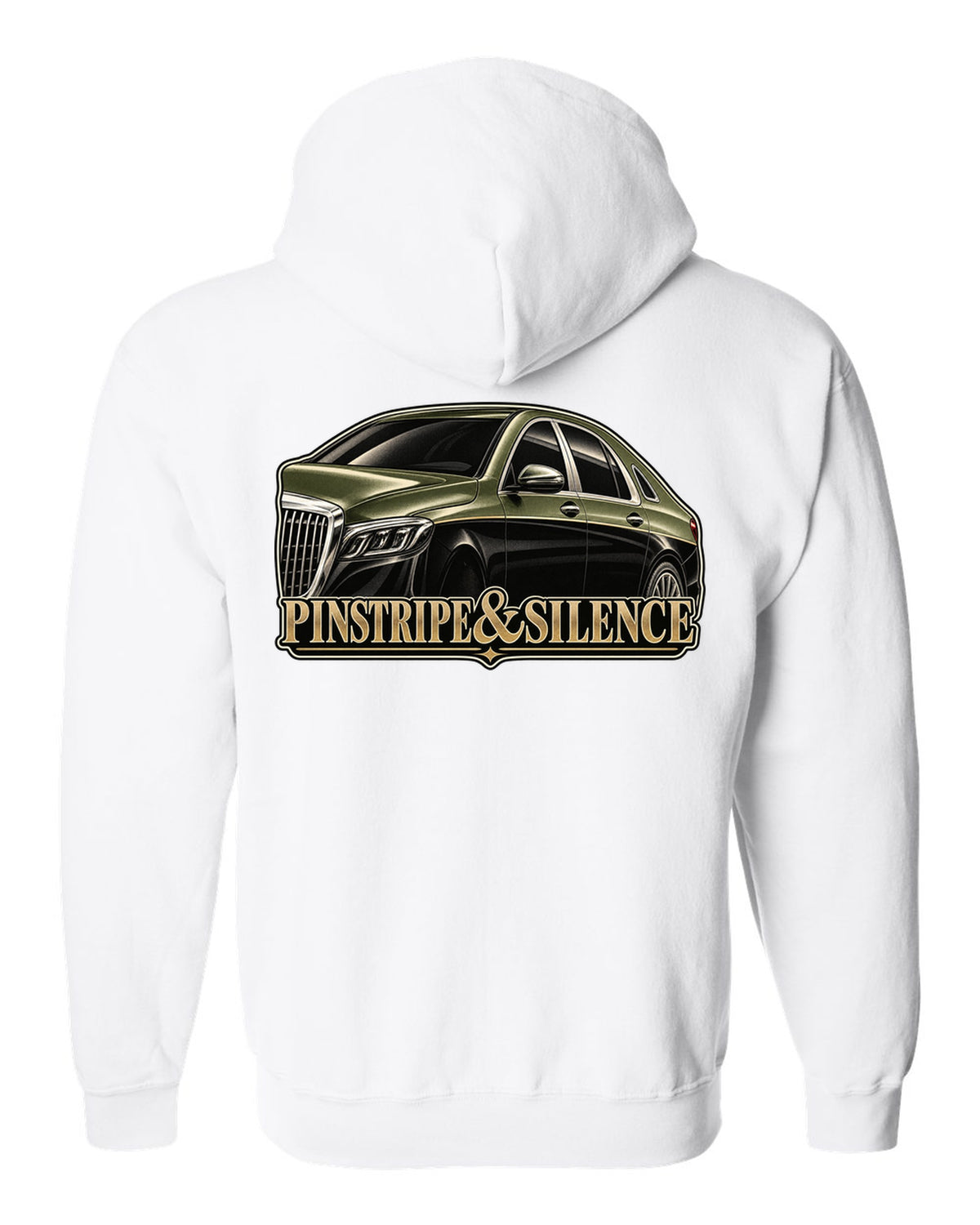 Duotone screenprint of a two-tone Mercedes-Maybach S-Class W222 with Pinstripe and Silence text white zip hoodie back view with the design