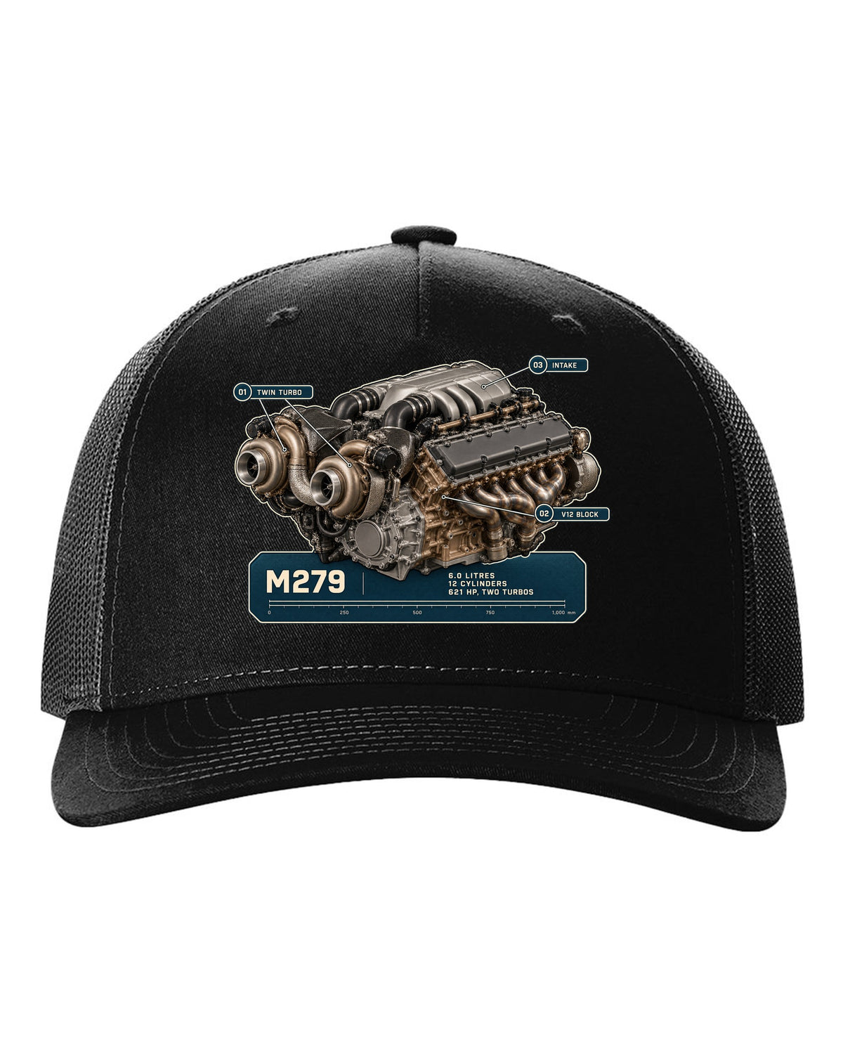 Mercedes-Maybach S680 M279 6.0 litre V12 biturbo engine hero print black hat front view with the design