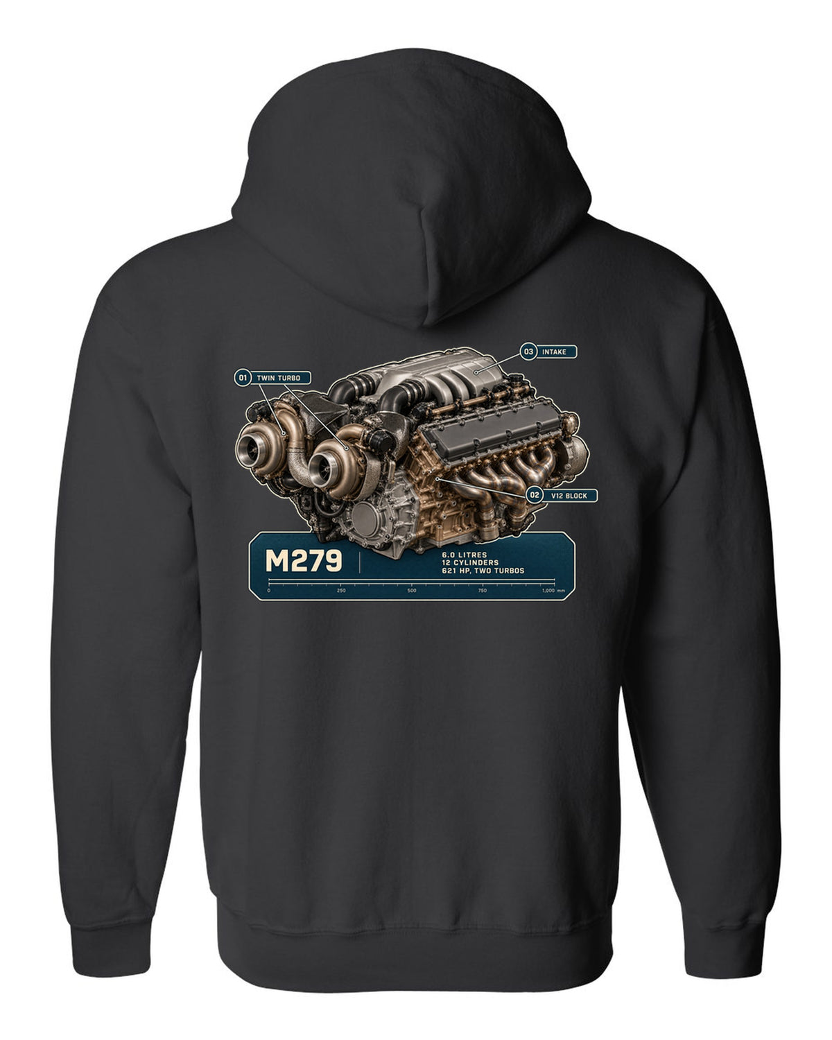 Mercedes-Maybach S680 M279 6.0 litre V12 biturbo engine hero print black zip hoodie back view with the design