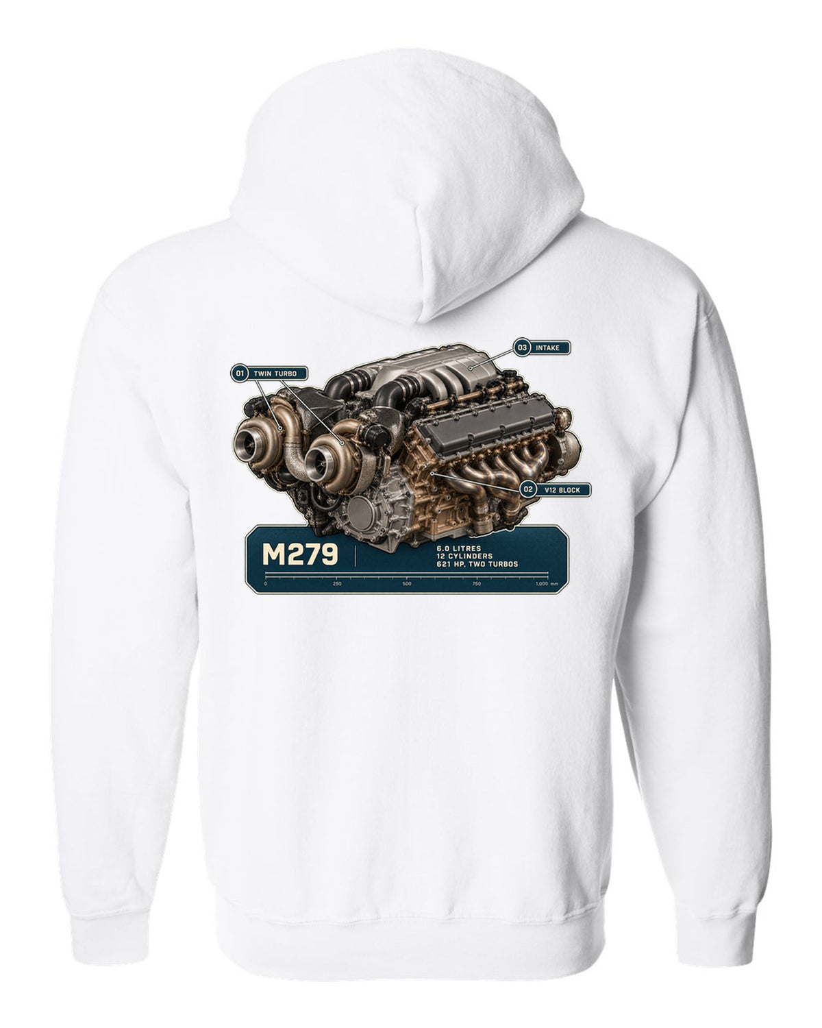 Mercedes-Maybach S680 M279 6.0 litre V12 biturbo engine hero print white zip hoodie back view with the design