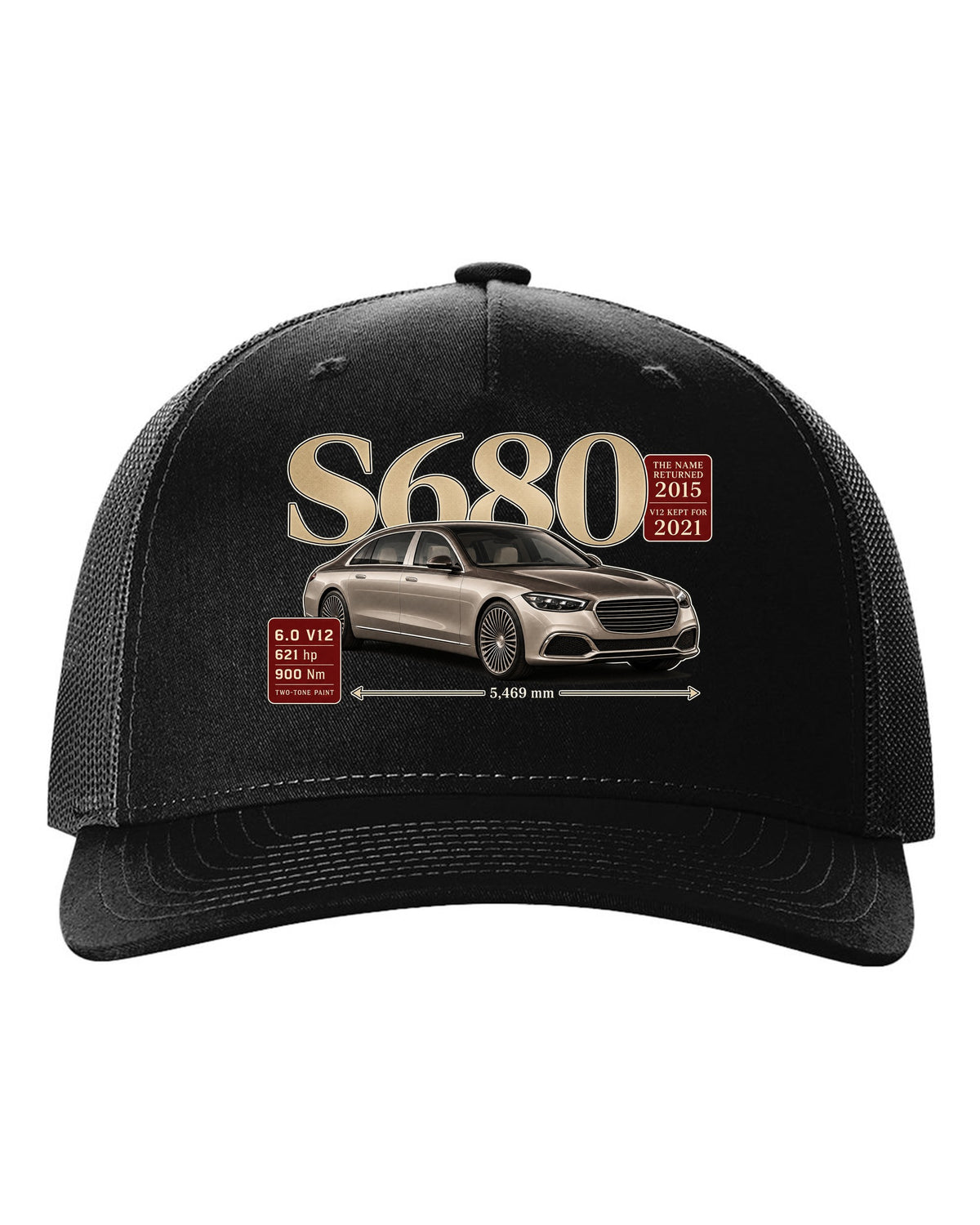 print archive panel of a Mercedes-Maybach S680 Z223 three-quarter with serif title black hat front view with the design