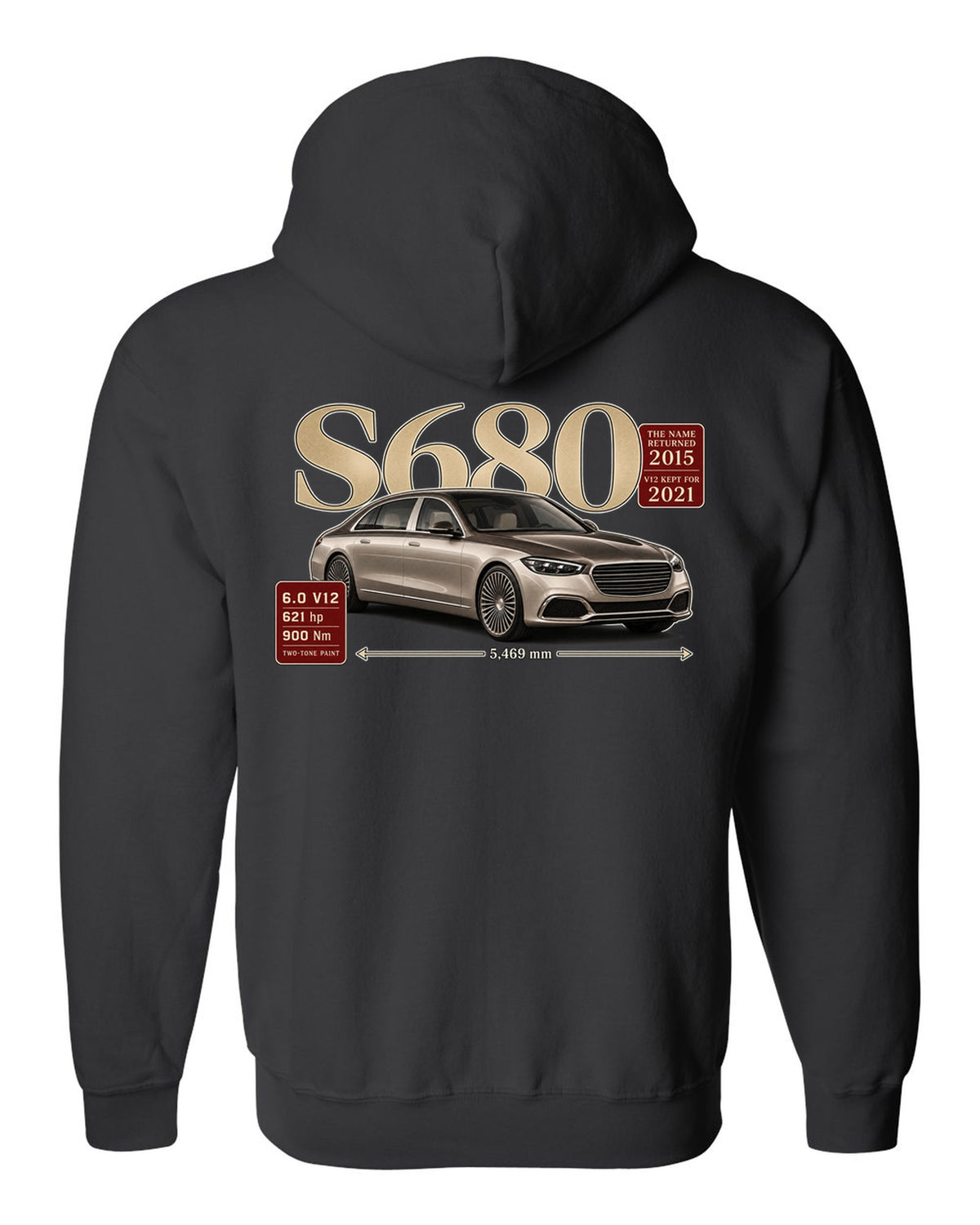 print archive panel of a Mercedes-Maybach S680 Z223 three-quarter with serif title black zip hoodie back view with the design