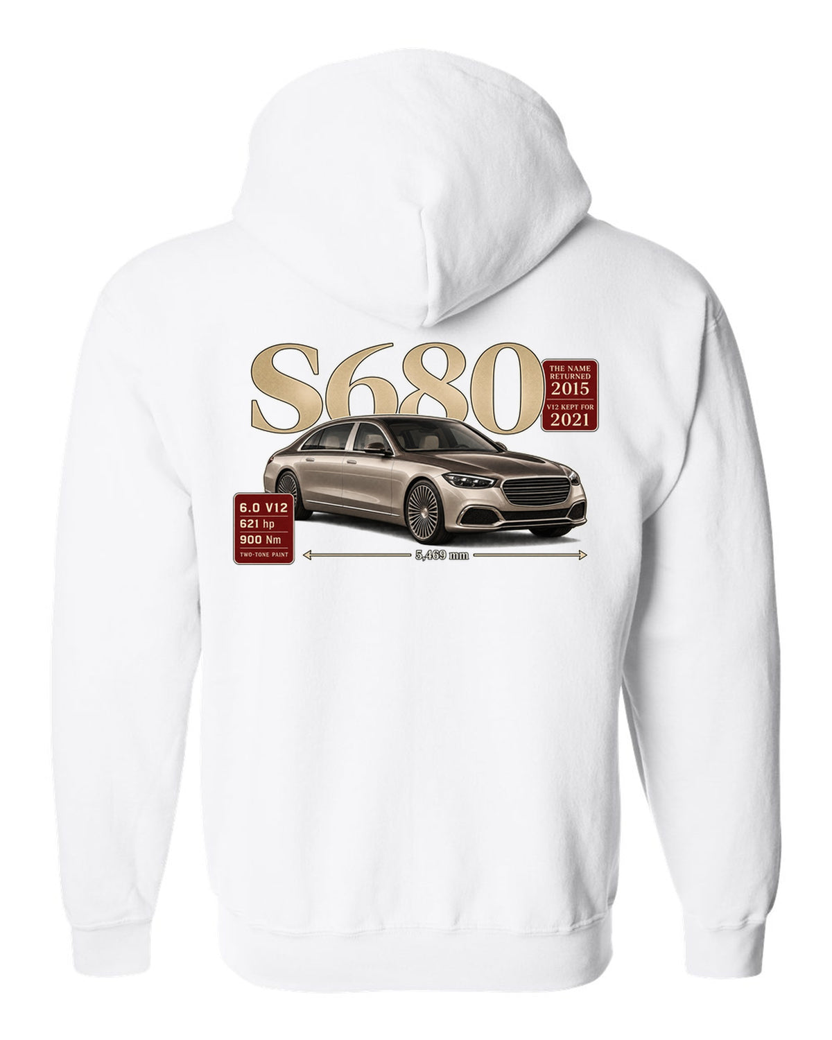 print archive panel of a Mercedes-Maybach S680 Z223 three-quarter with serif title white zip hoodie back view with the design