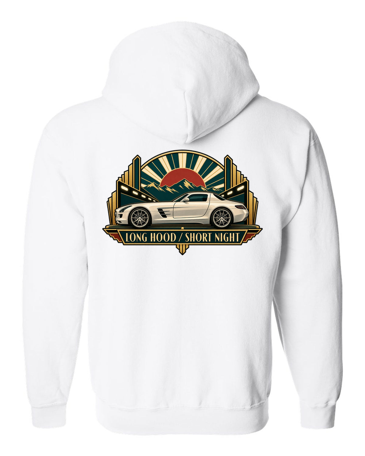 80s airbrush chrome illustration of Mercedes SLS AMG C197 tail lights with 6.2 Litres Zero Turbos text white zip hoodie back view with the design