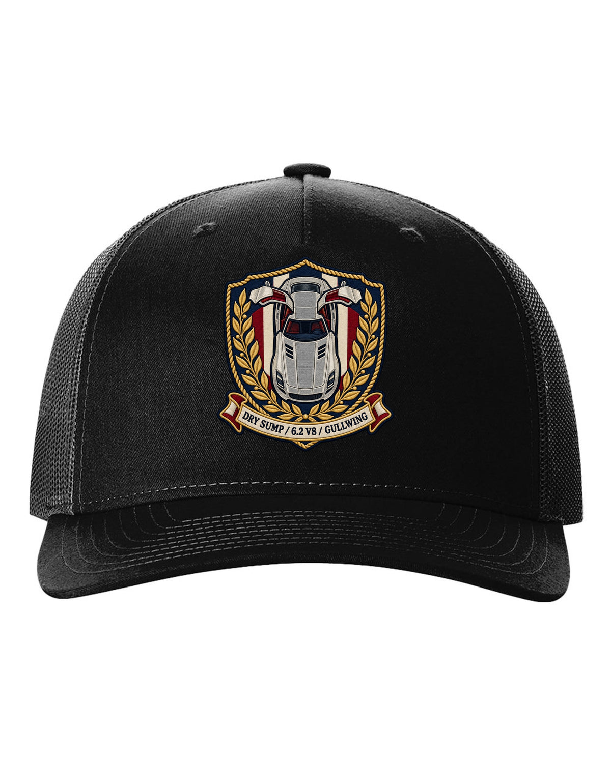 Embroidery style shield crest showing an overhead Mercedes SLS AMG C197 with gullwing doors open black hat front view with the design