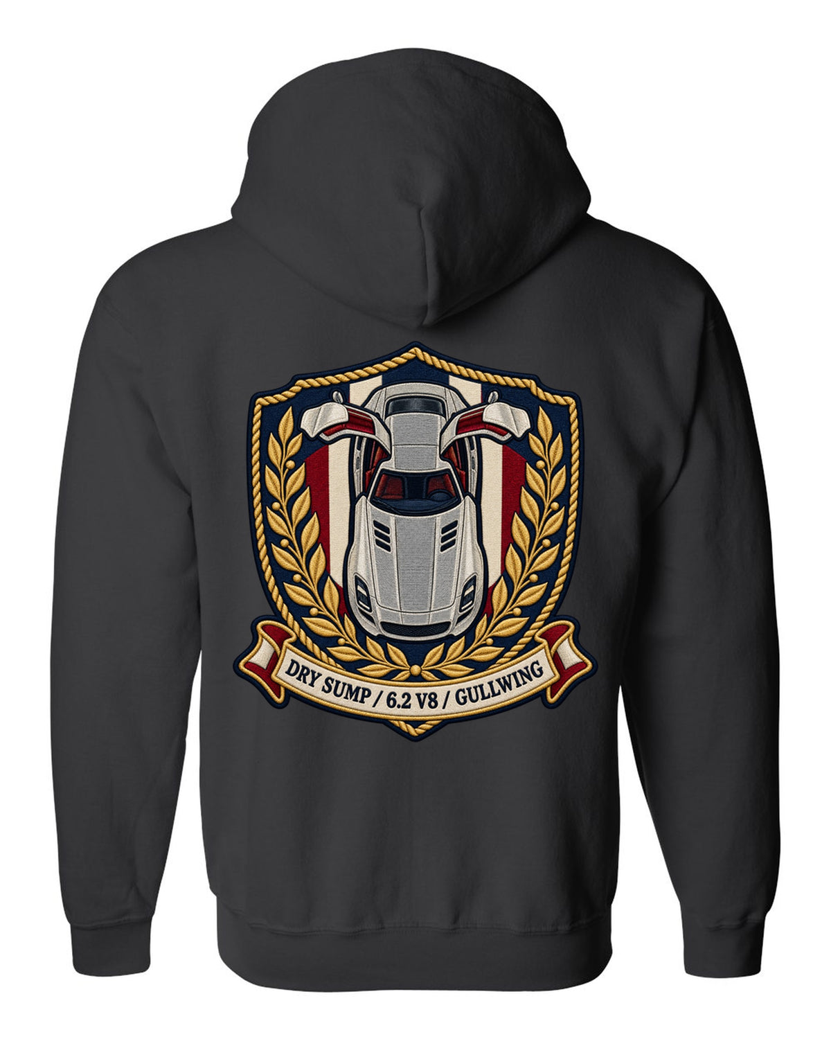 Embroidery style shield crest showing an overhead Mercedes SLS AMG C197 with gullwing doors open black zip hoodie back view with the design