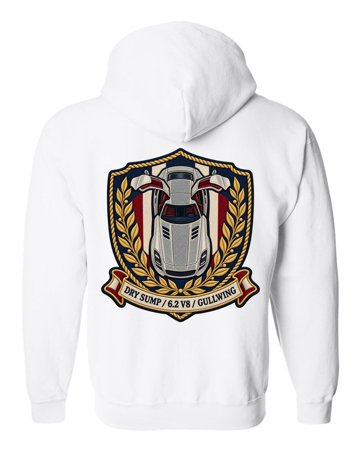 Embroidery style shield crest showing an overhead Mercedes SLS AMG C197 with gullwing doors open white zip hoodie back view with the design