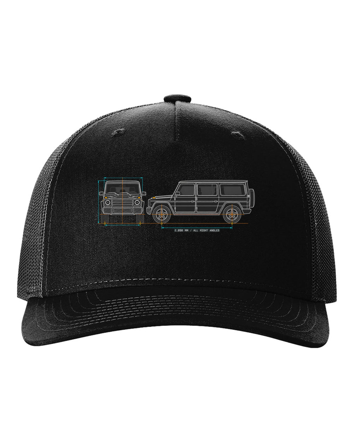 Neon outline graphic of a Mercedes SLS AMG C197 with gullwing doors open, print black hat front view with the design
