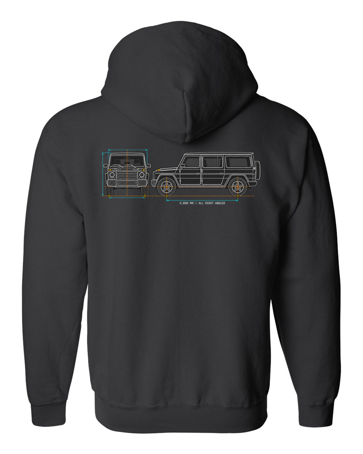 Neon outline graphic of a Mercedes SLS AMG C197 with gullwing doors open, print black zip hoodie back view with the design