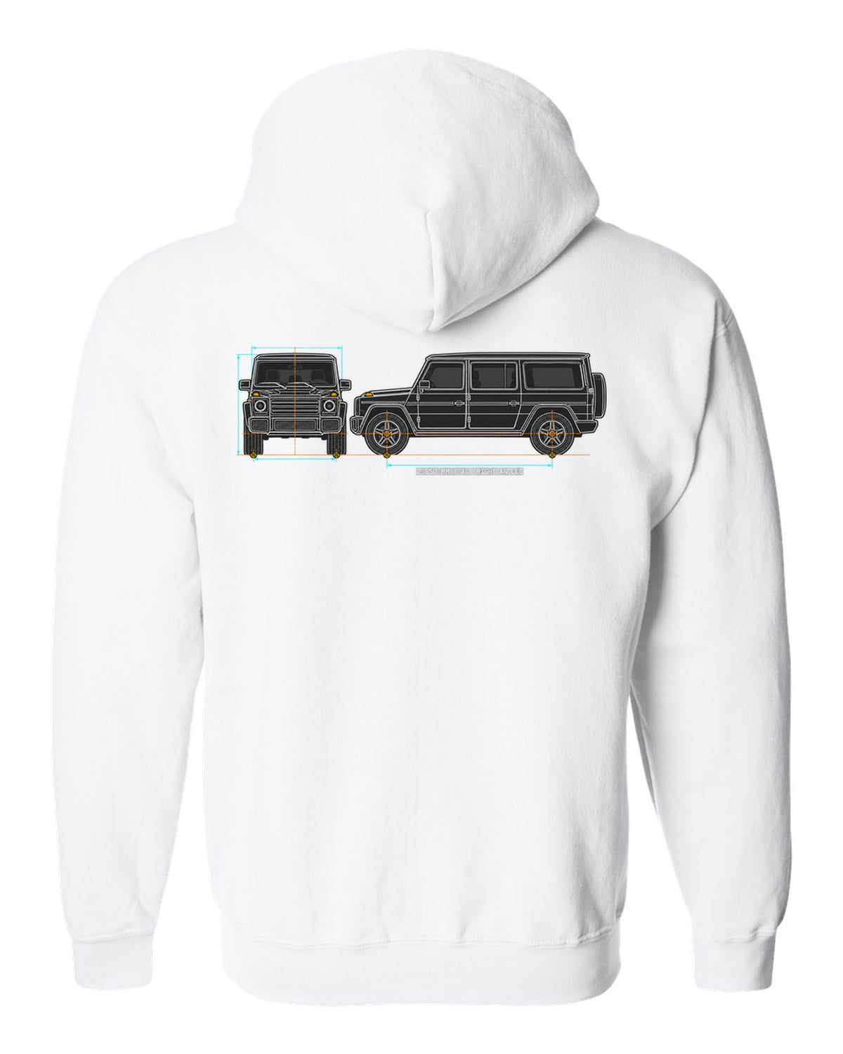 Neon outline graphic of a Mercedes SLS AMG C197 with gullwing doors open, print white zip hoodie back view with the design