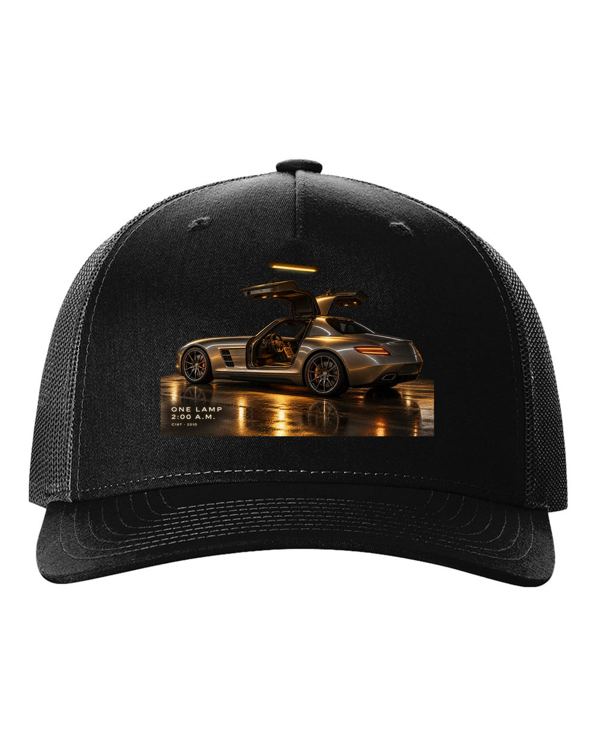 Garage night print of a Mercedes SLS AMG C197 under one lamp with 2:00 A.M. lettering black hat front view with the design