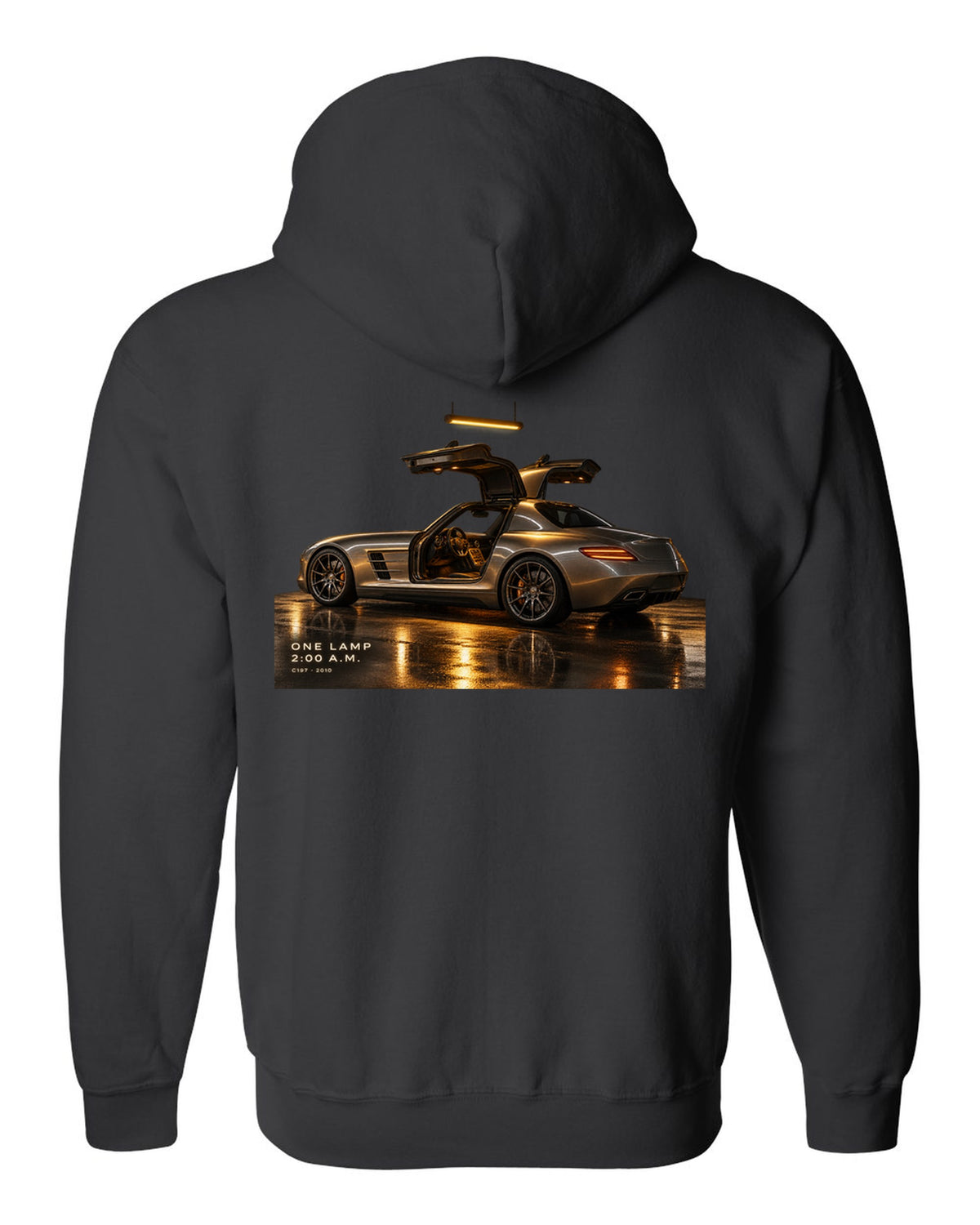Garage night print of a Mercedes SLS AMG C197 under one lamp with 2:00 A.M. lettering black zip hoodie back view with the design
