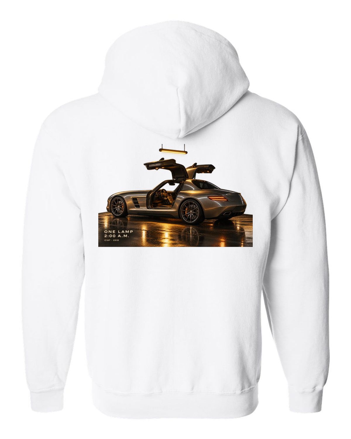Garage night print of a Mercedes SLS AMG C197 under one lamp with 2:00 A.M. lettering white zip hoodie back view with the design