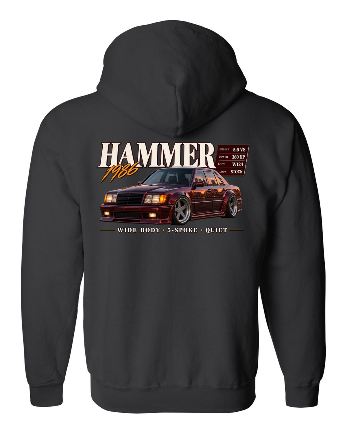 print archive panel of a Mercedes W124 300E 5.6 Hammer with text 5.6 V8 sleeper wide body black zip hoodie back view with the design