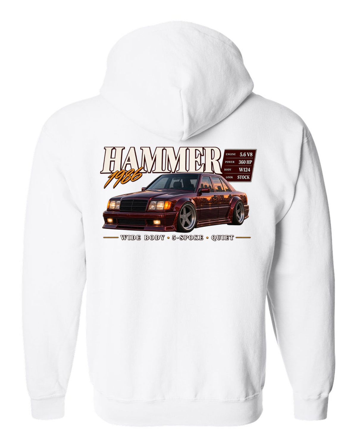 print archive panel of a Mercedes W124 300E 5.6 Hammer with text 5.6 V8 sleeper wide body white zip hoodie back view with the design