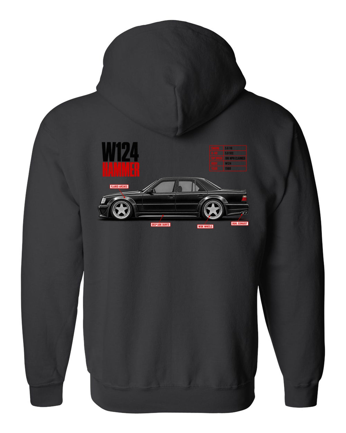 print spec poster of a Mercedes W124 Hammer with text 0-60 5.0 sec, 5.6 V8, 1988 black zip hoodie back view with the design
