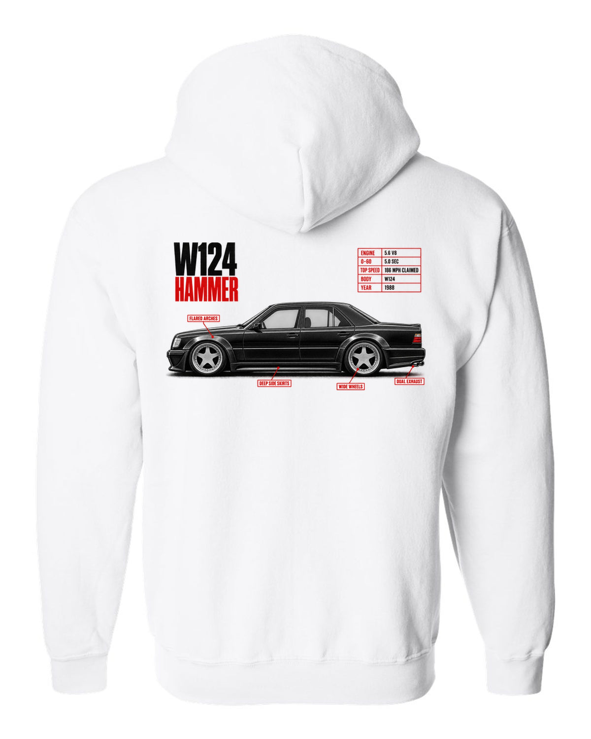 print spec poster of a Mercedes W124 Hammer with text 0-60 5.0 sec, 5.6 V8, 1988 white zip hoodie back view with the design