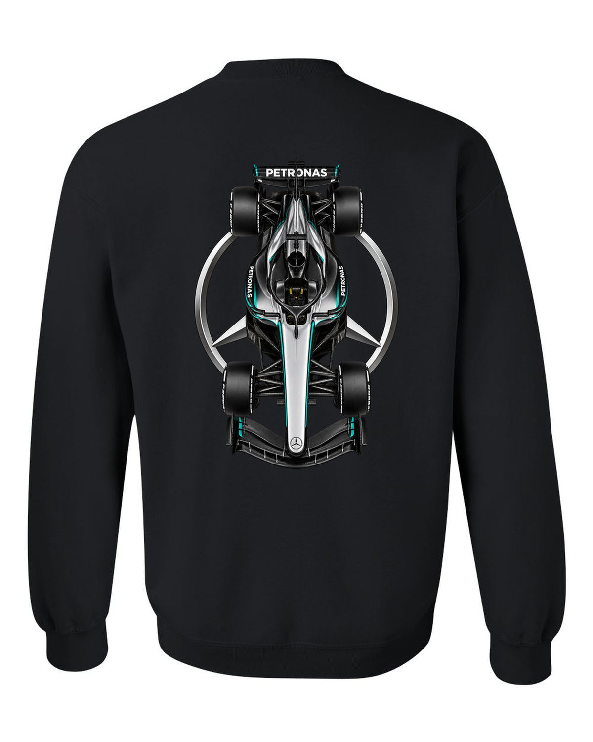 Mercedes W17 Formula 1 overhead poster artwork black crewneck back view with the design