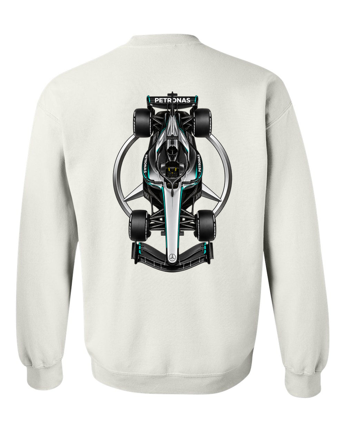 Mercedes W17 Formula 1 overhead poster artwork white crewneck back view with the design