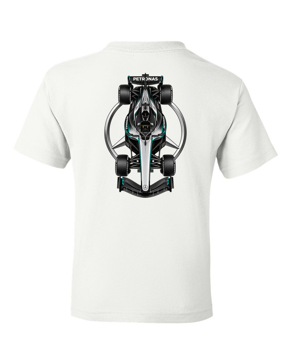 Mercedes W17 Formula 1 overhead poster artwork white kids tee back view with the design