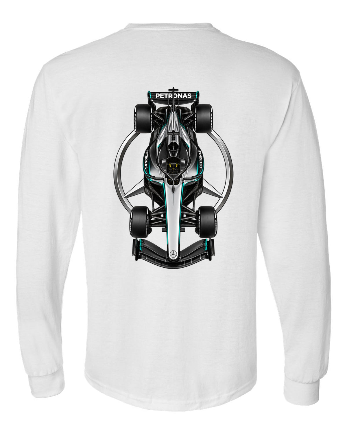 Mercedes W17 Formula 1 overhead poster artwork white long sleeve back view with the design