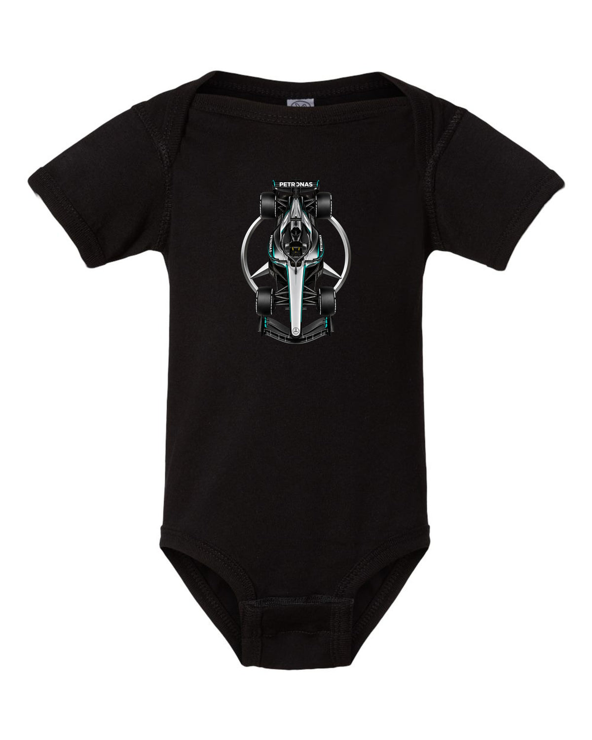 Mercedes W17 Formula 1 overhead poster artwork black baby onesie front view with the design