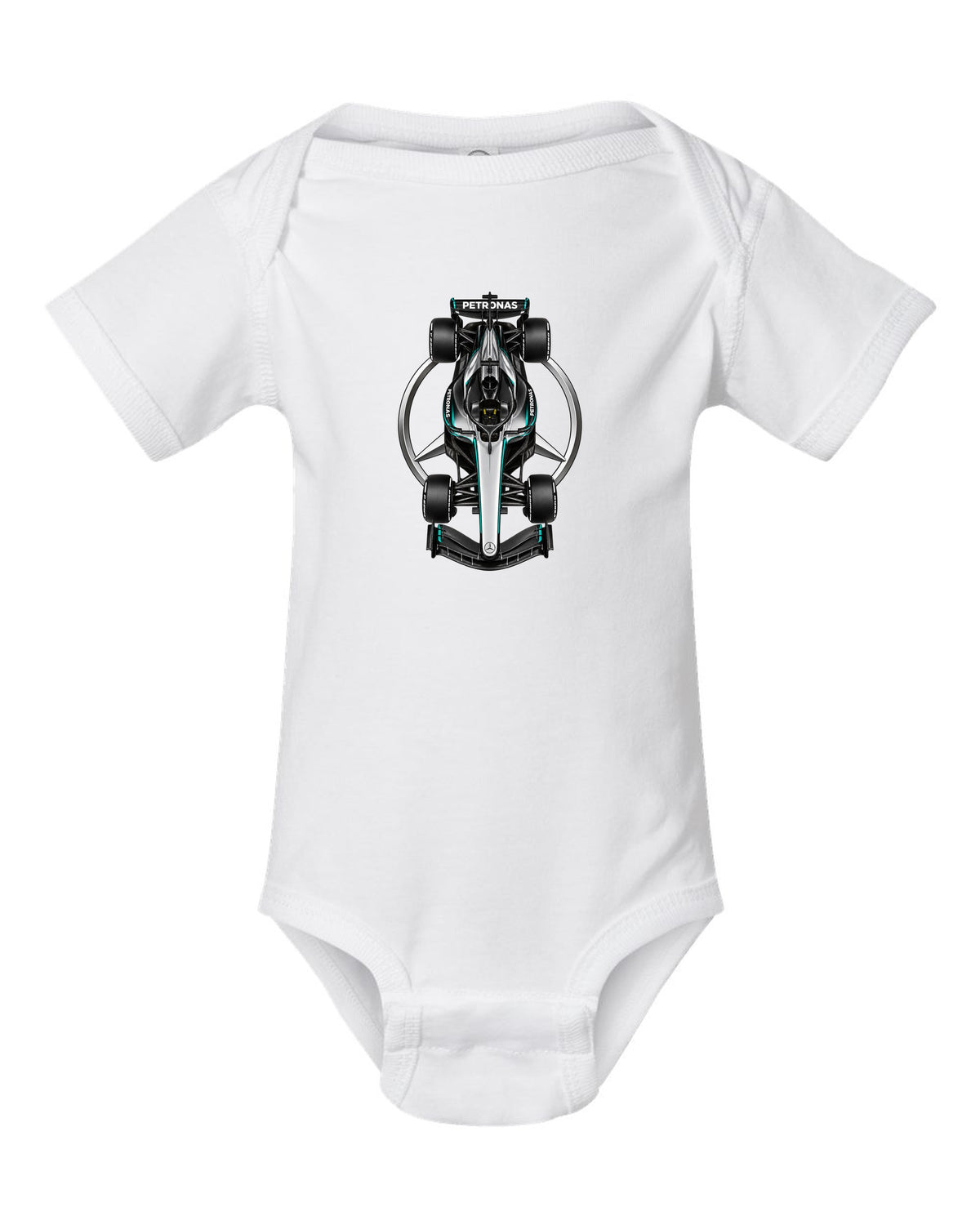 Mercedes W17 Formula 1 overhead poster artwork white baby onesie front view with the design