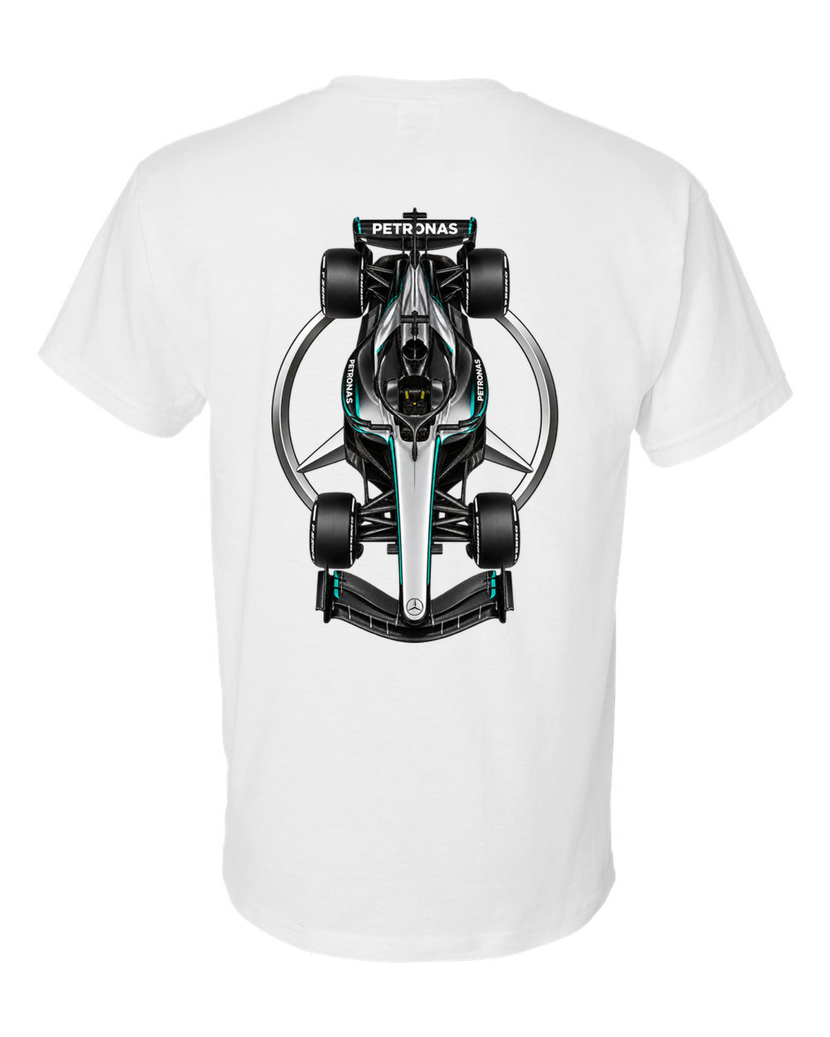 Mercedes W17 Formula 1 overhead poster artwork white t-shirt back view with the design