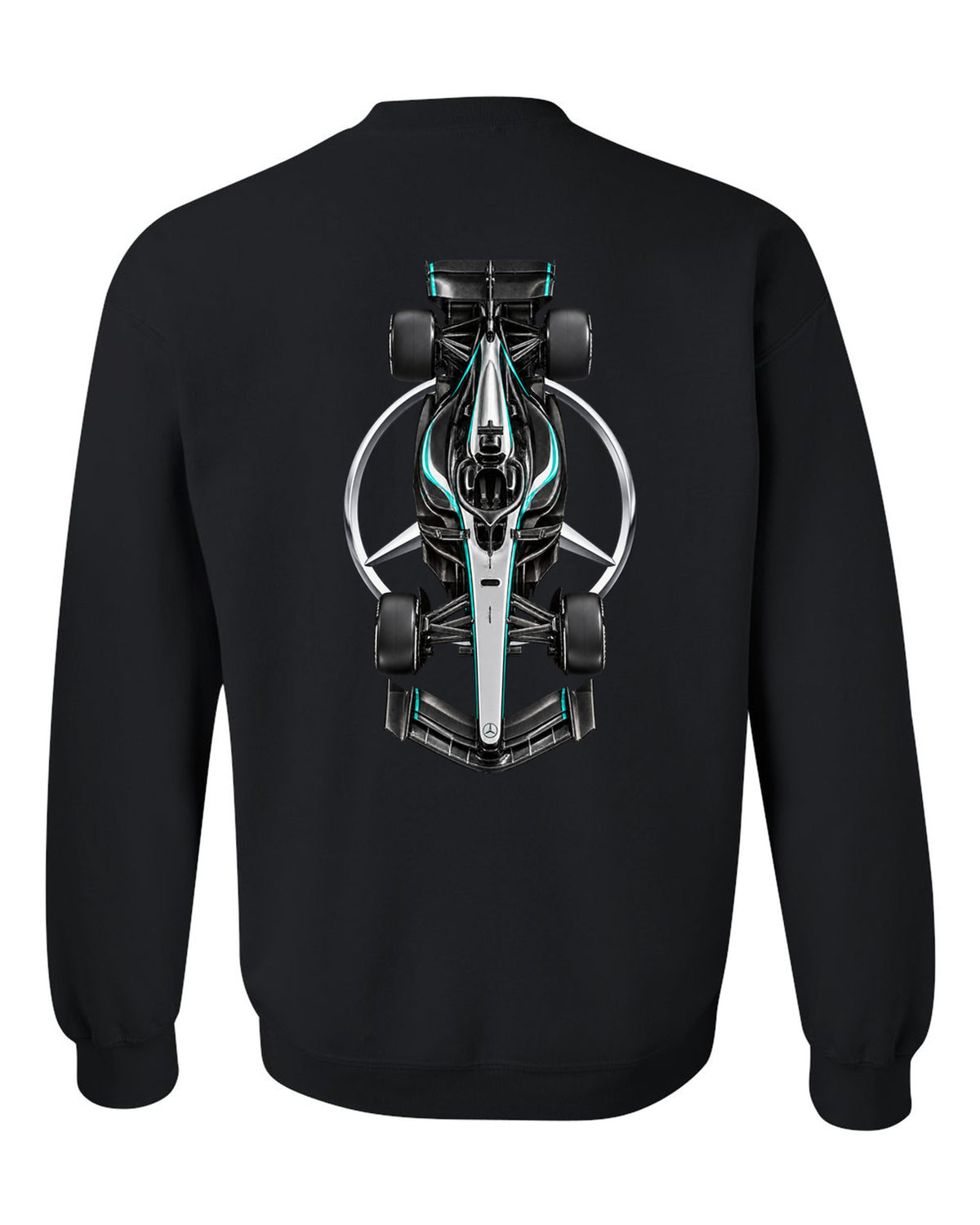 Mercedes W17 Formula 1 overhead poster artwork black crewneck back view with the design