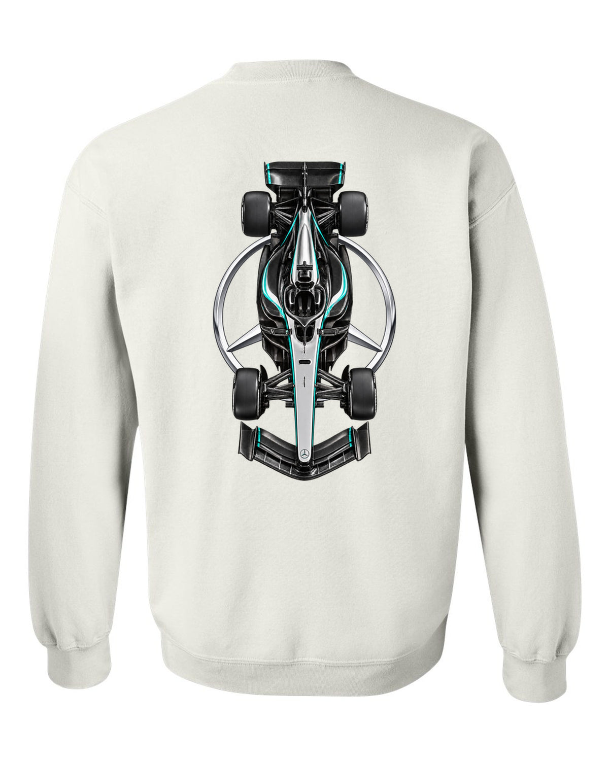 Mercedes W17 Formula 1 overhead poster artwork white crewneck back view with the design