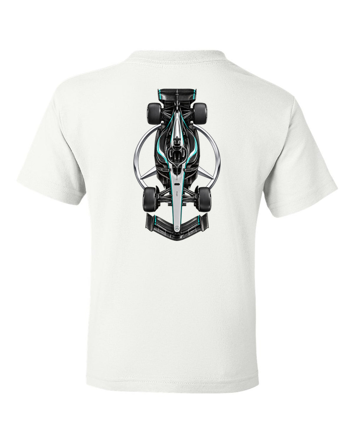 Mercedes W17 Formula 1 overhead poster artwork white kids tee back view with the design