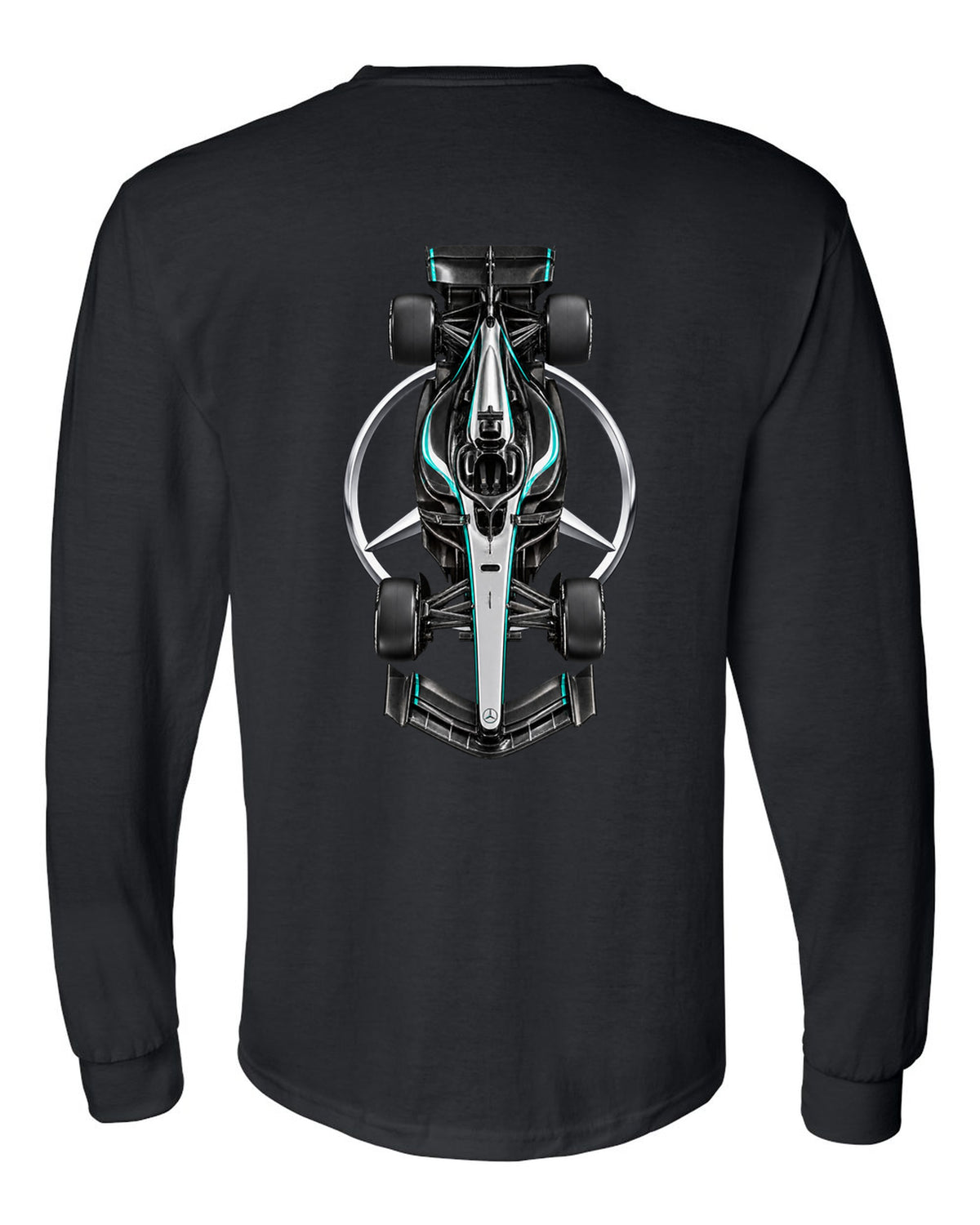 Mercedes W17 Formula 1 overhead poster artwork black long sleeve back view with the design