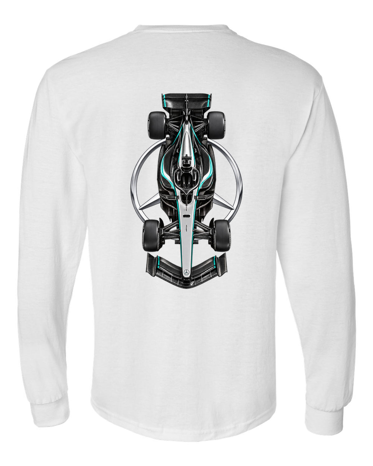 Mercedes W17 Formula 1 overhead poster artwork white long sleeve back view with the design