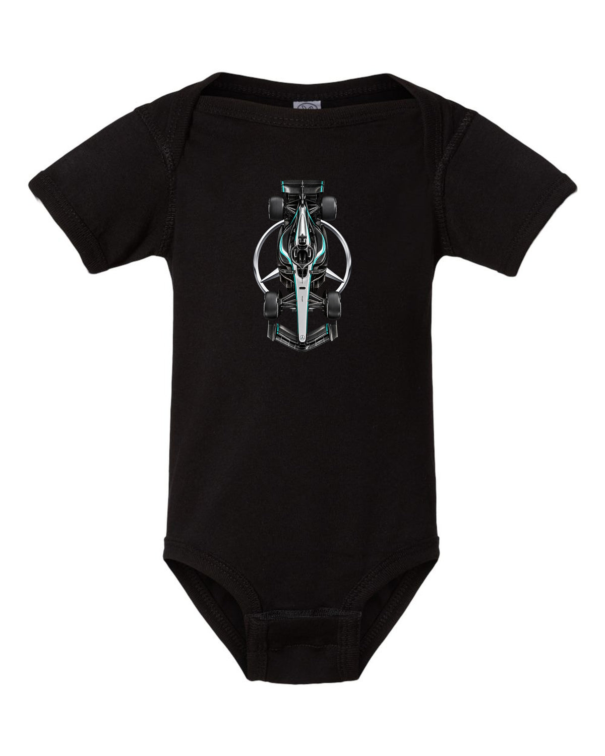 Mercedes W17 Formula 1 overhead poster artwork black baby onesie front view with the design