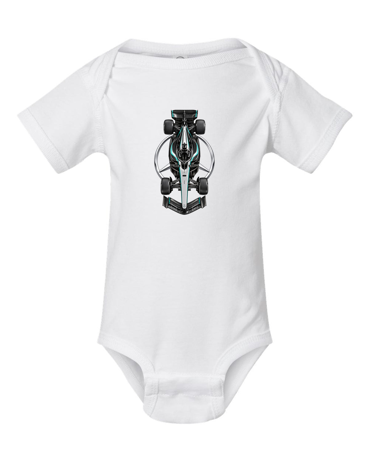 Mercedes W17 Formula 1 overhead poster artwork white baby onesie front view with the design