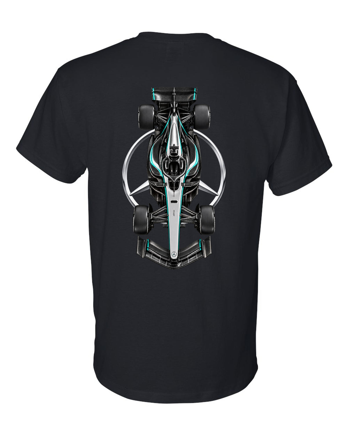 Mercedes W17 Formula 1 overhead poster artwork black t-shirt back view with the design