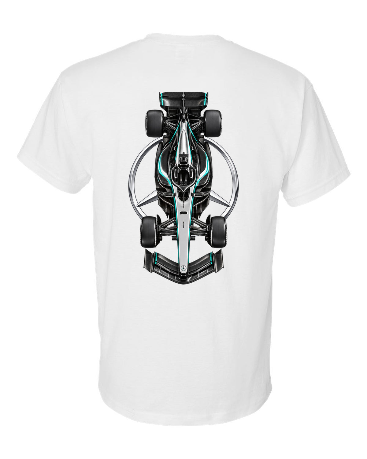 Mercedes W17 Formula 1 overhead poster artwork white t-shirt back view with the design