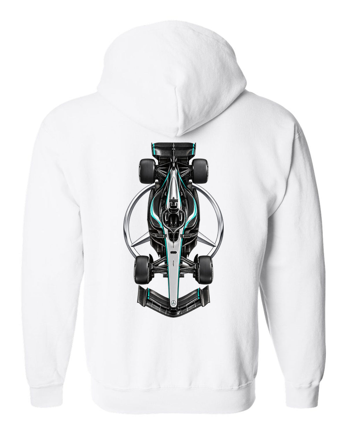 Mercedes W17 Formula 1 overhead poster artwork white zip hoodie back view with the design