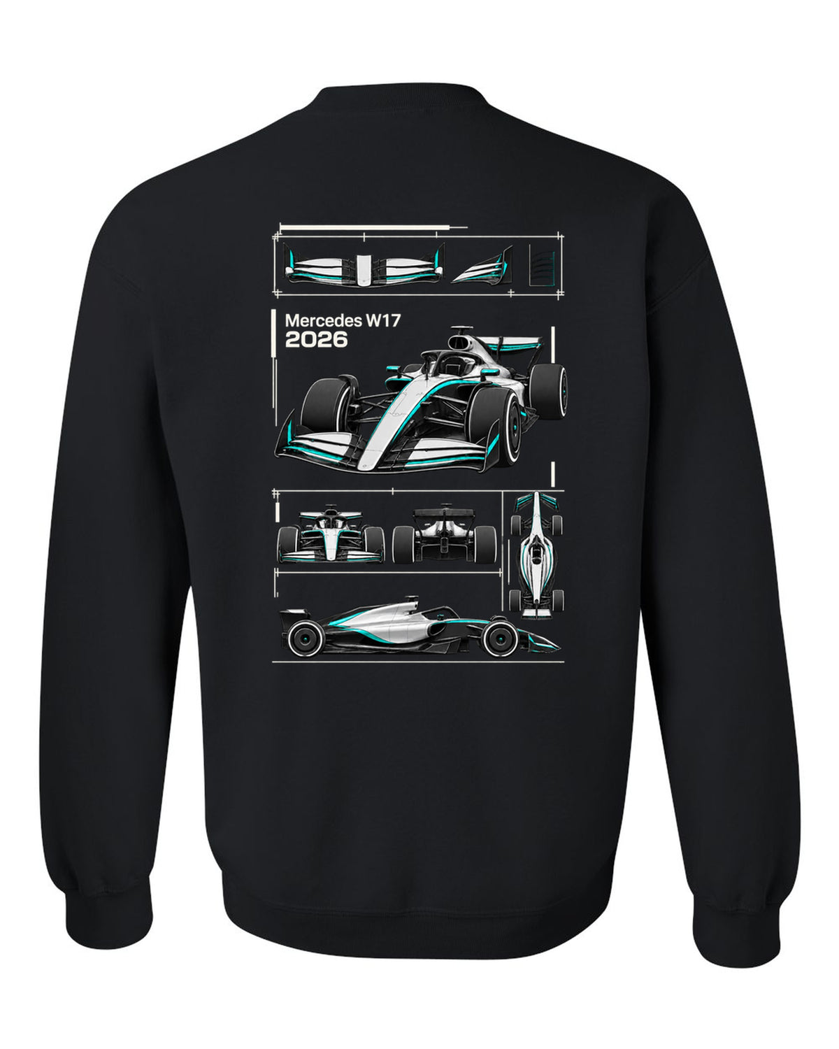 Mercedes W17 2026 F1 car technical poster artwork black crewneck back view with the design