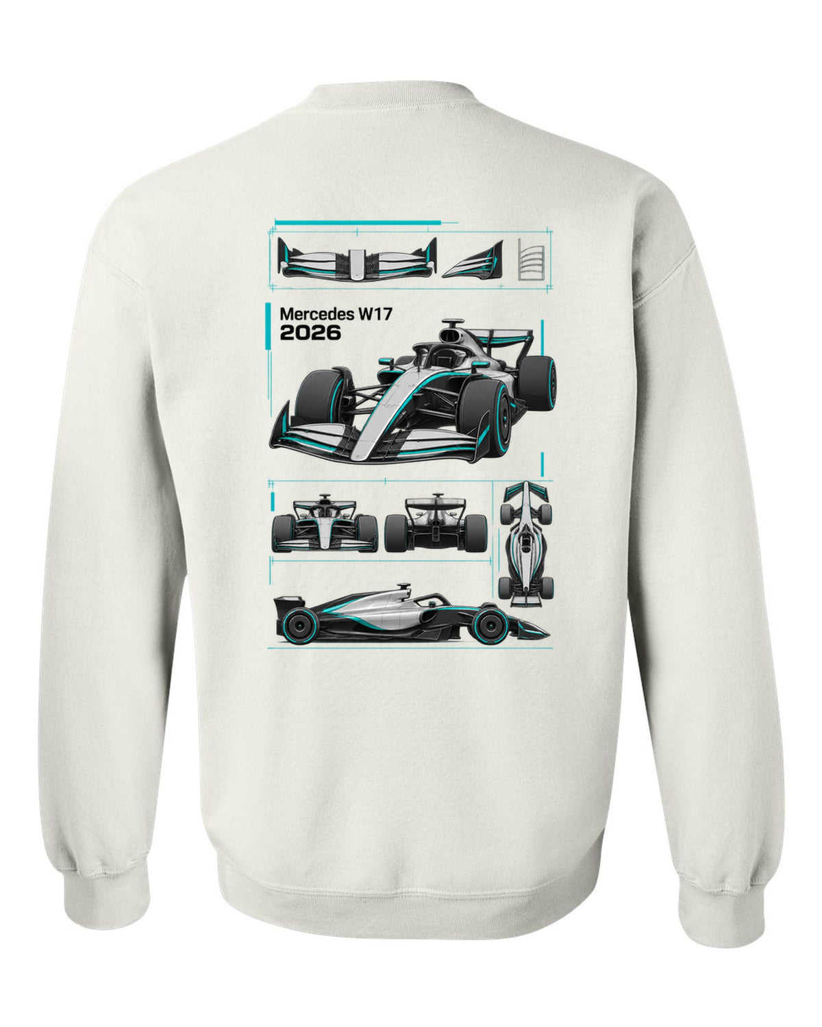 Mercedes W17 2026 F1 car technical poster artwork white crewneck back view with the design