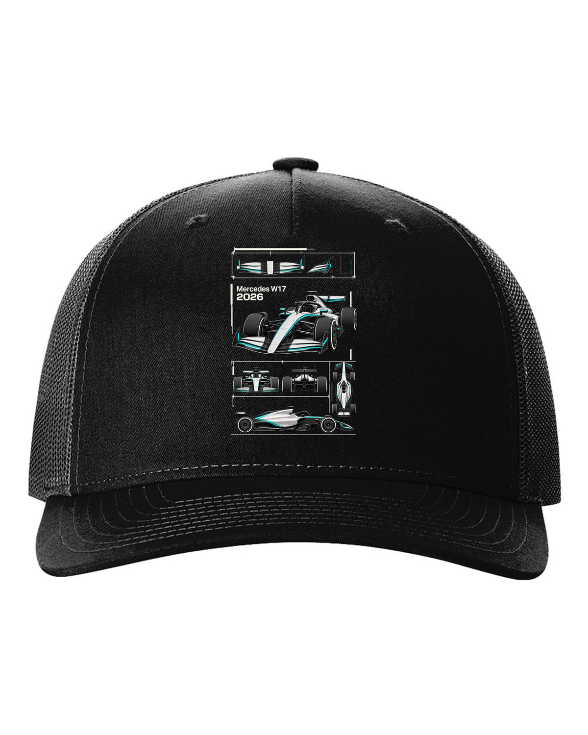 Mercedes W17 2026 F1 car technical poster artwork black hat front view with the design