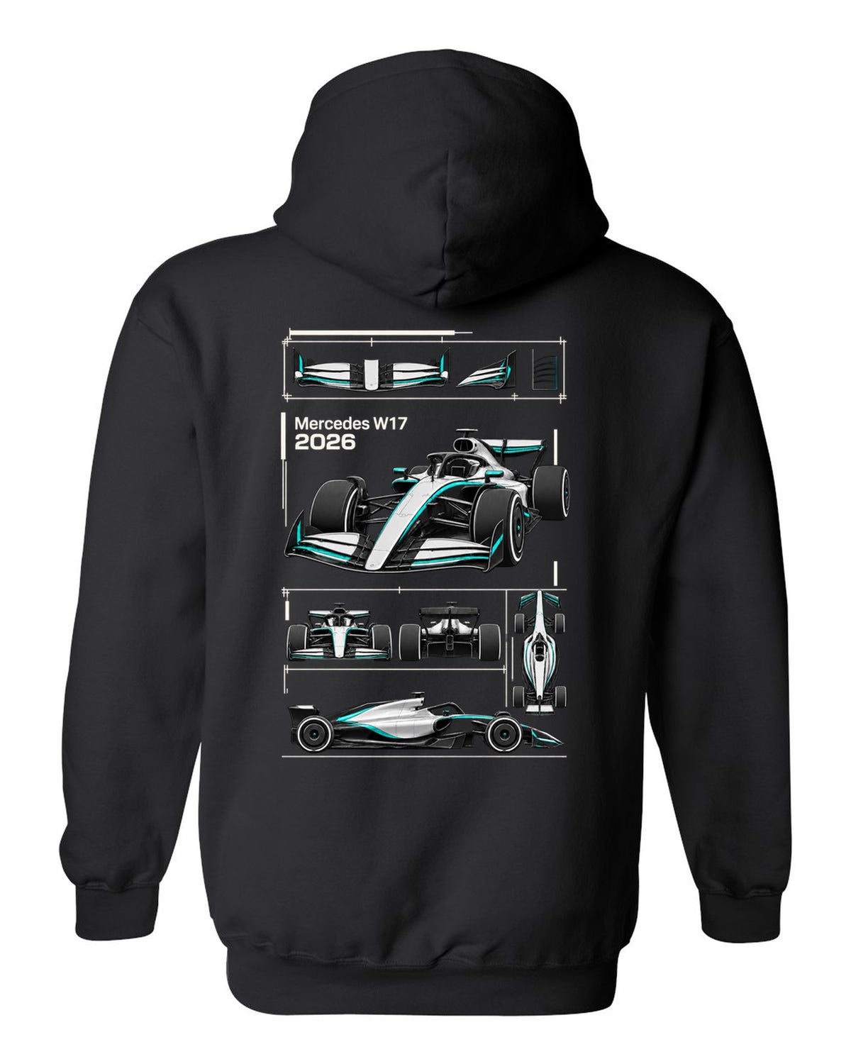 Mercedes W17 2026 F1 car technical poster artwork black pull over hoodie back view with the design