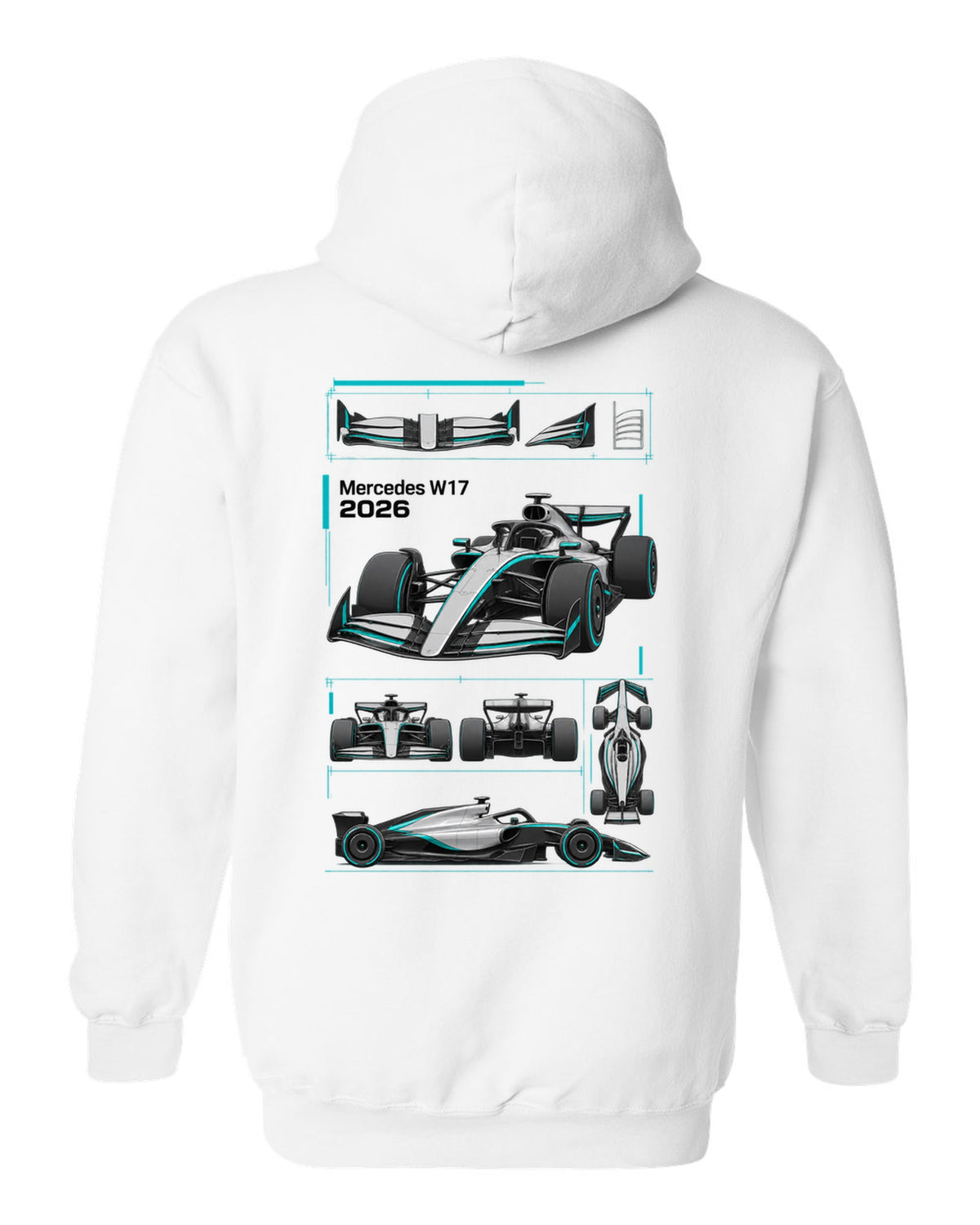 Mercedes W17 2026 F1 car technical poster artwork white pull over hoodie back view with the design
