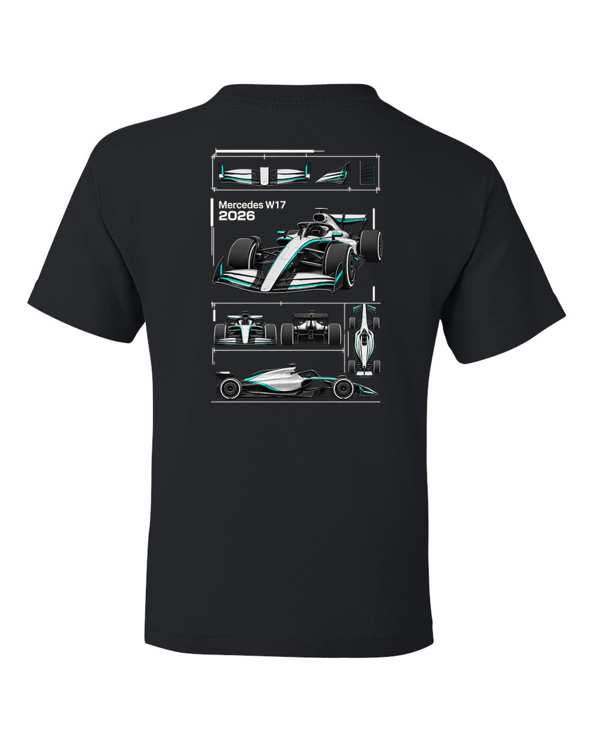 Mercedes W17 2026 F1 car technical poster artwork black kids tee back view with the design