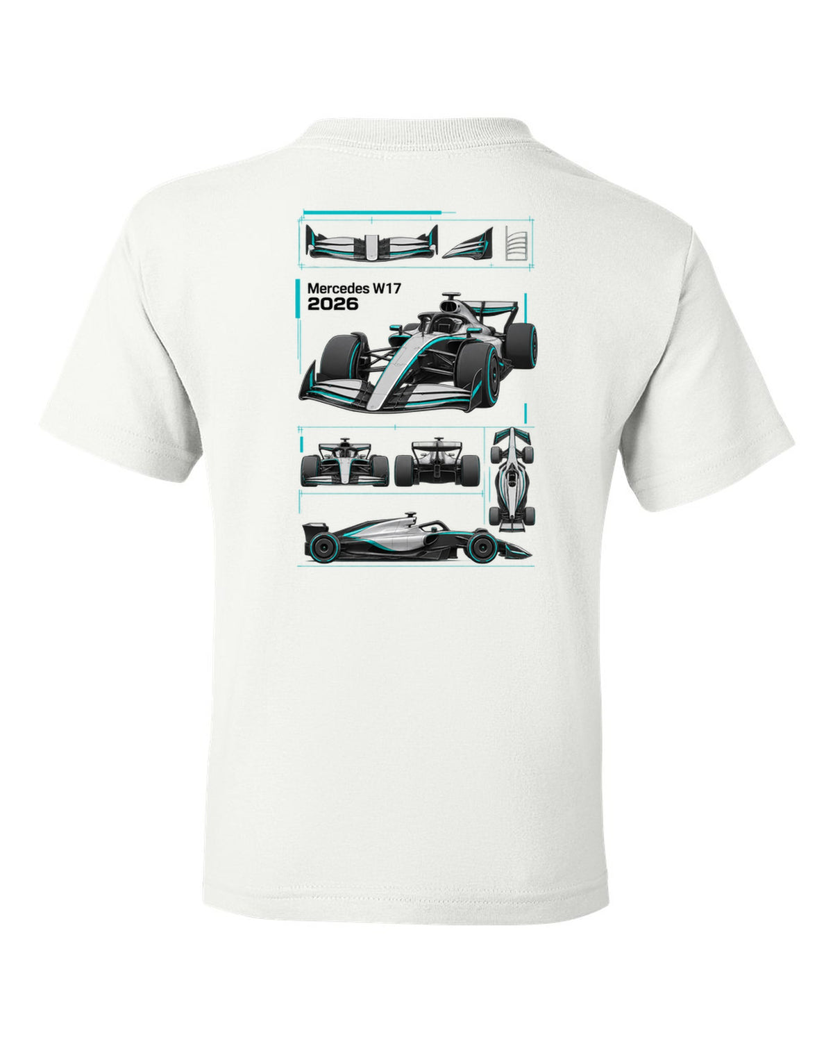 Mercedes W17 2026 F1 car technical poster artwork white kids tee back view with the design