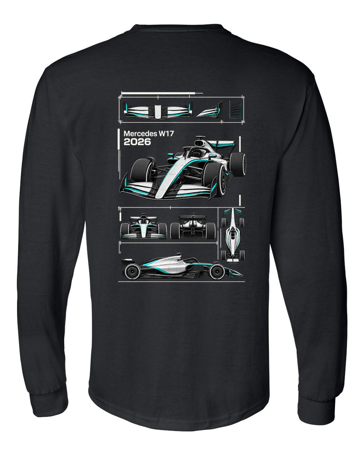 Mercedes W17 2026 F1 car technical poster artwork black long sleeve back view with the design