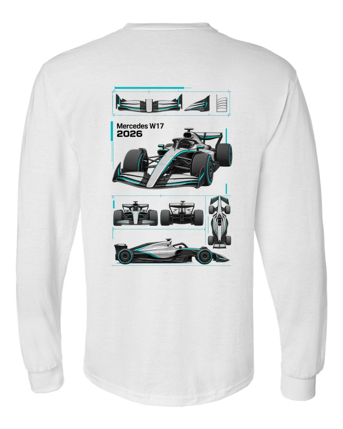 Mercedes W17 2026 F1 car technical poster artwork white long sleeve back view with the design